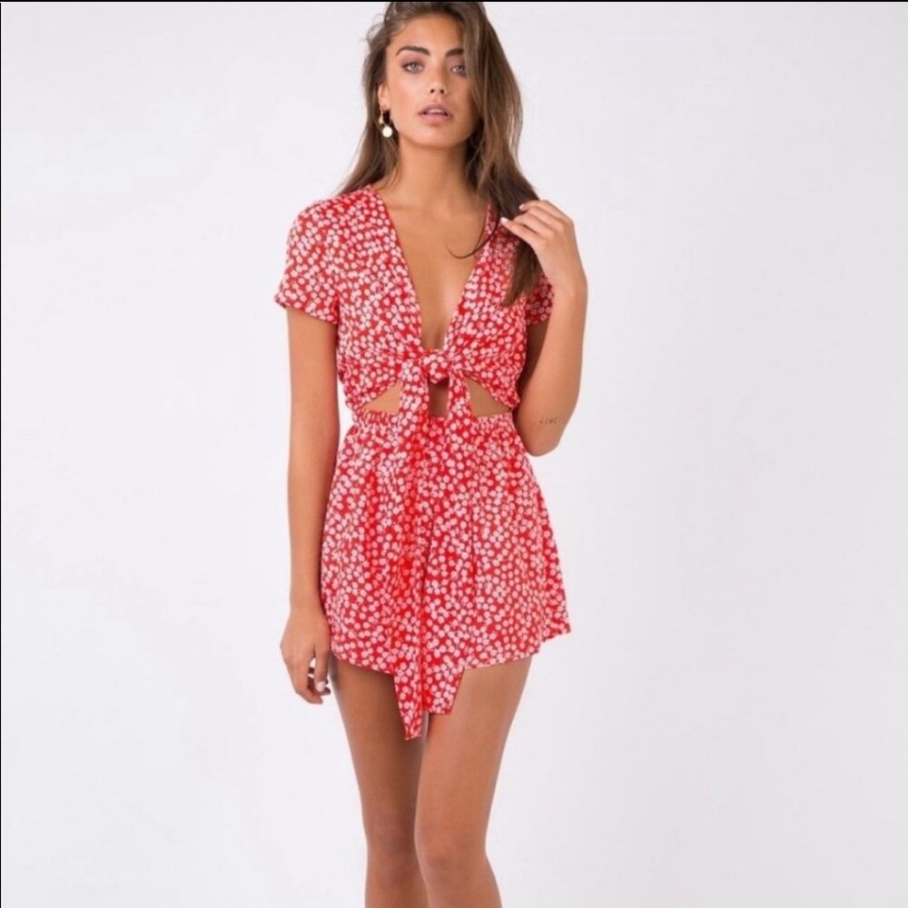 Princess Polly Virgo red floral tie front romper